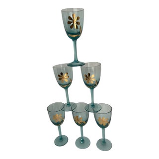 Mid 20th Century Sea Blue Gold Gilt Cordial Glasses- Set of 6 For Sale