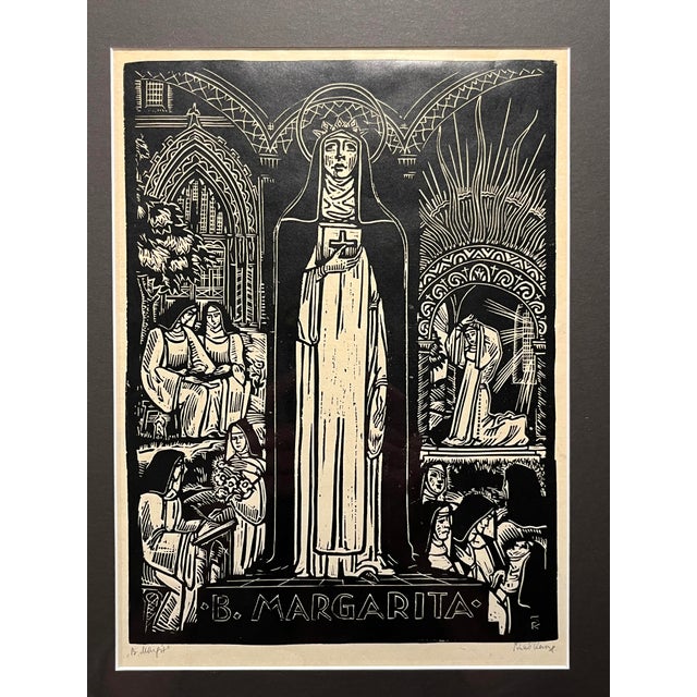 Set of 2 Vintage Linocut prints ST. LADISLAUS & B. MARGARITA by Hungarian Artist Aprox. dimensions: Frame: 18"H x 14"W...