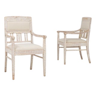 20th Century French White Patinated Gustavian Upholstered Chairs - A Pair For Sale