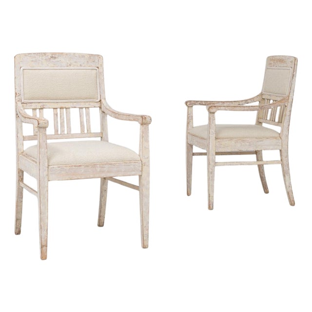 20th Century French White Patinated Gustavian Upholstered Chairs - A Pair For Sale