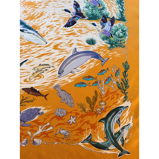 Tangerine Hermès La Vie Précieuse De La Méditerranée Silk Scarf 2001 Designed by Robert Dallet For Sale - Image 8 of 12
