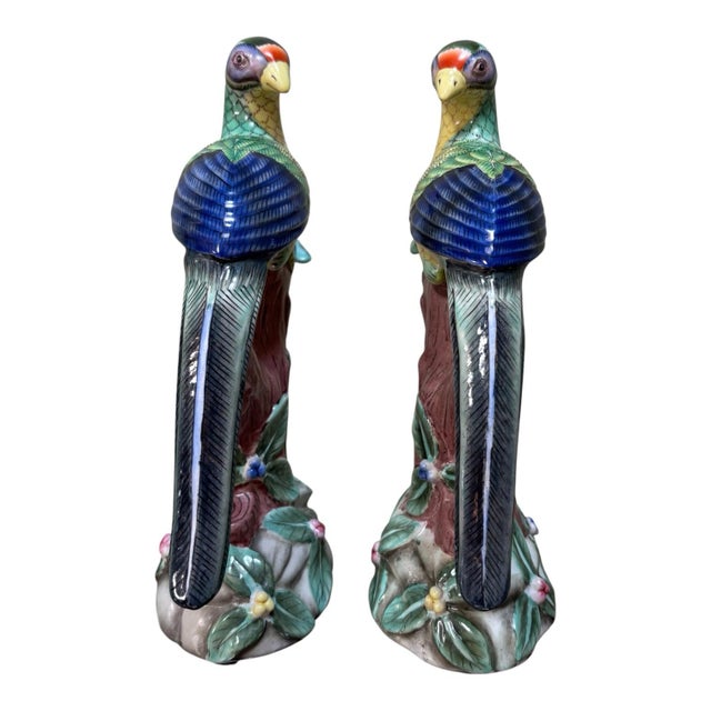 Ceramic Pair Parrot Phoenix or Peacock Bird Figurines Table Sculptures - Hand Painting Chinese Porcelain Book Matching Set - Chelsea House Mottahedeh Style For Sale - Image 7 of 10