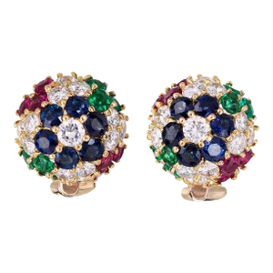 Gemstone Cluster Earrings Dome Vintage 18k Yellow Gold Diamond Sapphire Ruby - 2 Pieces