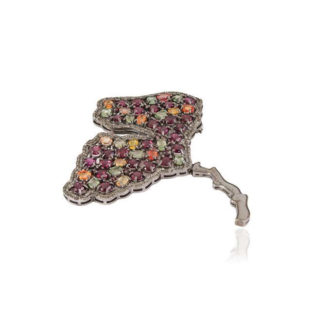 Tutti Frutti 8Ct Multi Gem & Diamond Ginkgo Leaf Brooch Pendant in Oxidized Sterling Silver For Sale - Image 4 of 14
