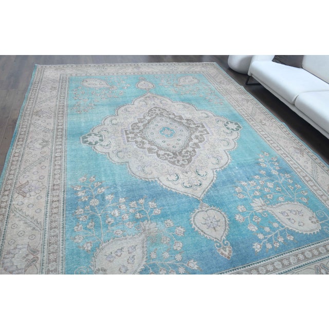 1960s Vintage Persian Handmade Wool Cotton Turquoise Area Rug For Sale - Image 4 of 11