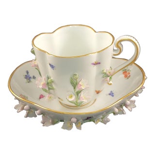 Mid-19th Century Meissen Porcelain Tea Cup and Saucer: Encrusted Flowers, Hand Painted Insects For Sale