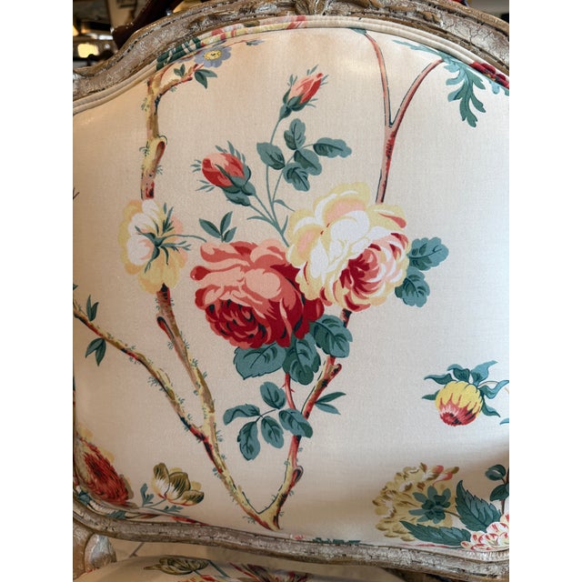 Textile Pair of Louis XV Style Painted French Bergeres For Sale - Image 7 of 10