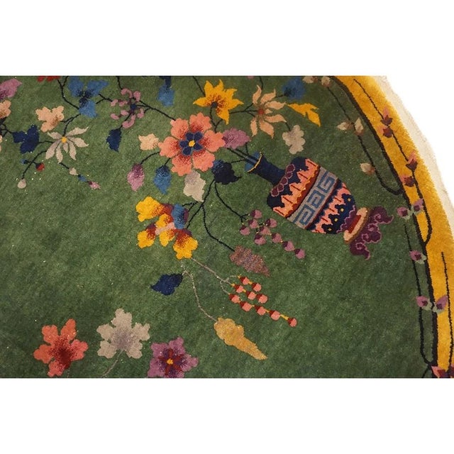1930s Antique Small Floral Green Chinese Art Deco Wool Hand Knotted Oval Rug For Sale - Image 4 of 6