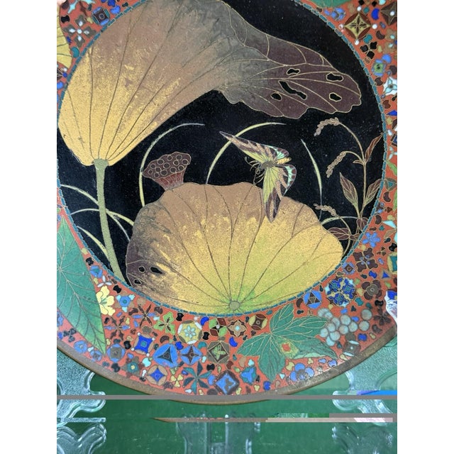 Auburn Pair of Meiji Japanese Cloisonne Enamel Plates Goto School Lotus and Insects For Sale - Image 8 of 16