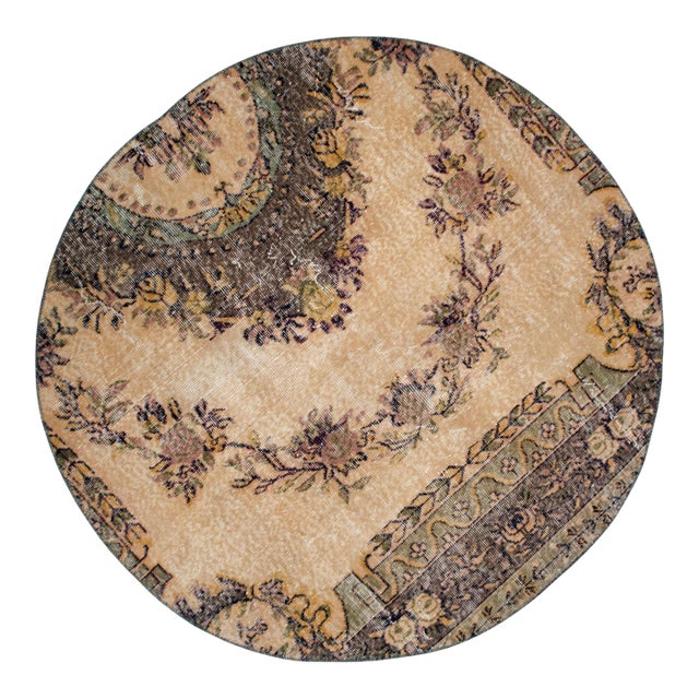 Hand Knotted Round Turkish Rug Upcycled Vintage Circle Area Rug 4'9" X 4'9" For Sale