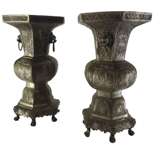 Pair of Bronze With Tinned Overlay Asian Vases