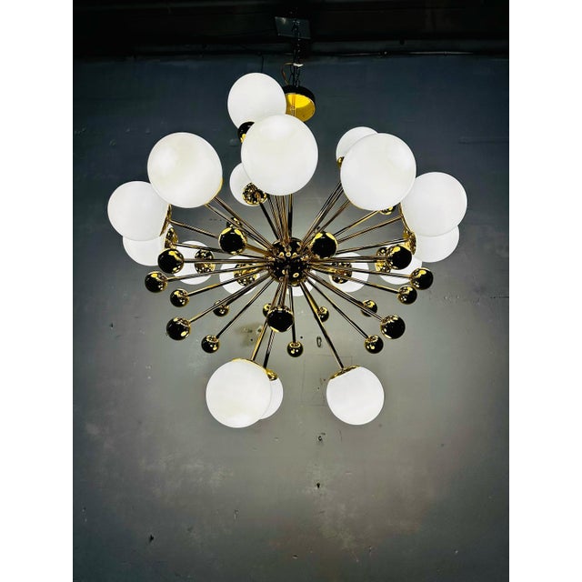 Vintage Italian Sputnik Chandelier in Brass and Opaline Glass, 1970s For Sale - Image 5 of 9