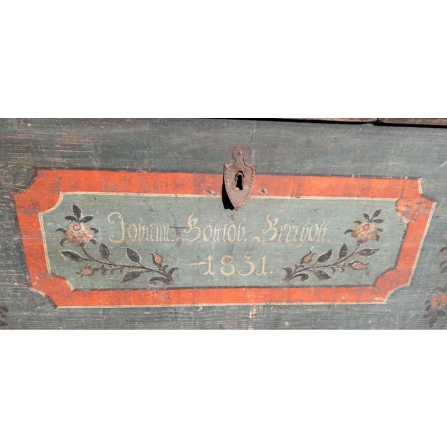19th Century German Paint Decorated Blanket Chest or Coffee Table Dated 1831 For Sale - Image 9 of 18