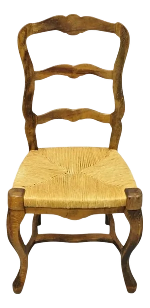 Vintage French Country Distressed Wood Ladder Back Rush Seat Side Chair