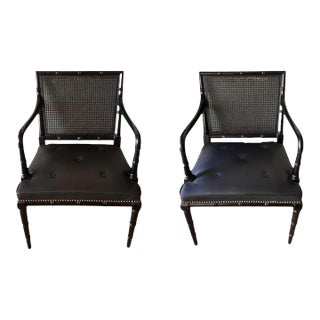 Pair, Regency Style Ebonized Faux Bamboo, Leather & Cane Back Armchairs For Sale