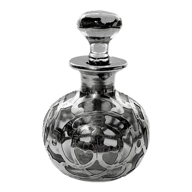 Antique Art Nouveau Silver Overlay Glass Perfume Bottle, C. 1900 Scent Bottle For Sale