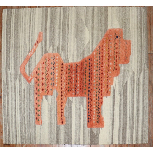 Folk Art Modern Zabihi Collection Persian Lion Souf Kilim - 3'10" x 4'5" For Sale - Image 3 of 6