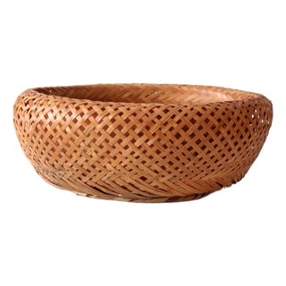 Vintage Woven Bamboo Basket Bowl With Rounded Sides For Sale