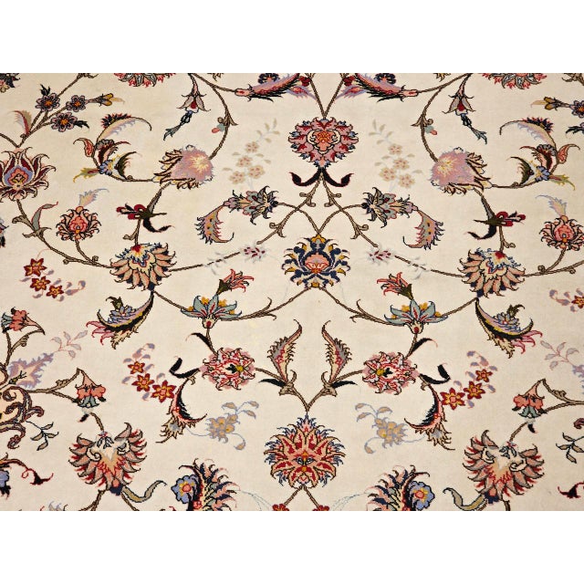 1900 - 1909 Vintage Persian Tabriz Rug, Hand-Knotted Wool & Silk, Allover Floral Pattern, Ivory & Pale Red, 7x10 For Sale - Image 5 of 18