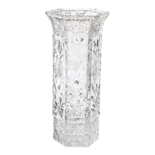 Art Deco Harvard Pattern Octagonal Cut Crystal Vase W/ Floral & Geometric Detail For Sale