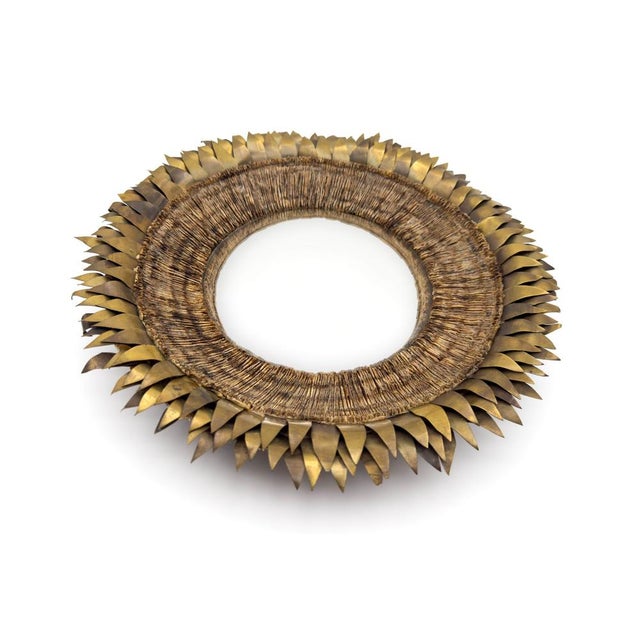 French Gilded Brass and Talosel Convex Round Wall Mirror attributed to the Atelier Line Vautrin For Sale - Image 4 of 10