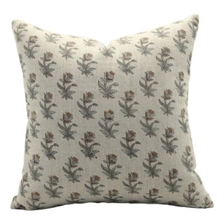 Floral Block Printed Thick Linen Pillow Cover 12x20 Inch- Coastal Tulip For Sale