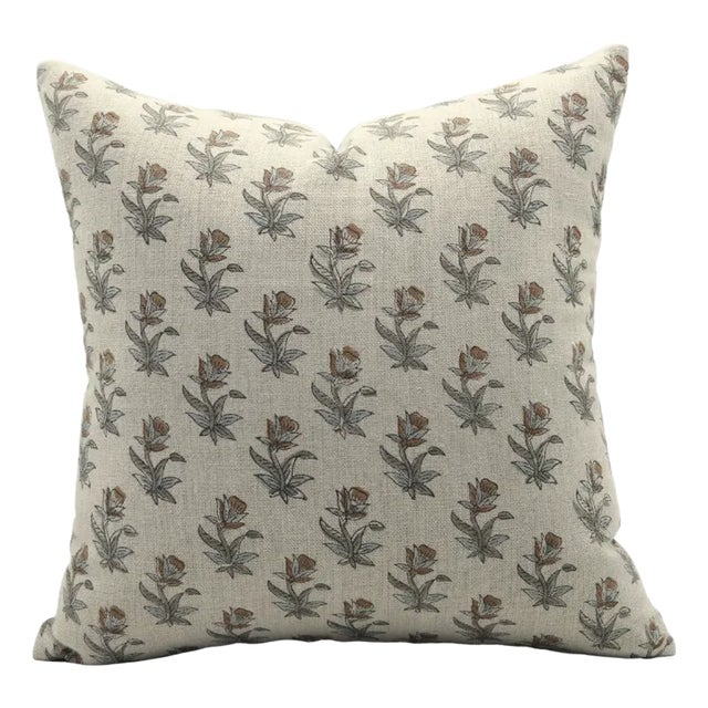 Floral Block Printed Thick Linen Pillow Cover 12x20 Inch- Coastal Tulip For Sale