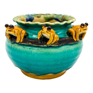 Whimsical Vintage Chinese Majolica Frog Motif Pottery Bowl – Turquoise Glaze Folk Art Planter