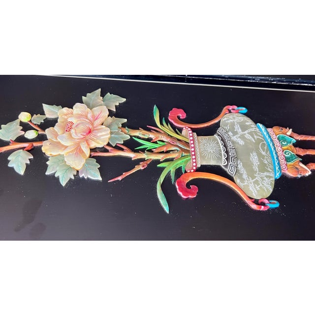 Black 1960s Mother of Pearl Wall Panel Lacquered Black Lotus Flower Elephant Leg Vase For Sale - Image 8 of 12