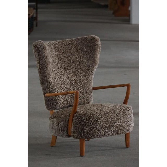 Danish Modern High-Back Lounge Chair in Oak and Lambswool by Viggo Boesen, 1950s For Sale - Image 13 of 18