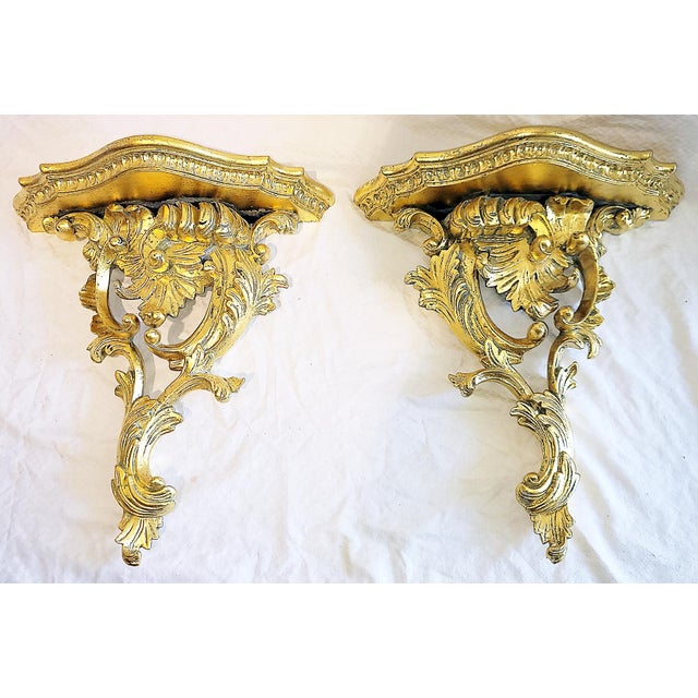 Rococo 1970s Italian Carved and Gilded Rococo Wood Wall Bracket Shelves For Sale - Image 3 of 9