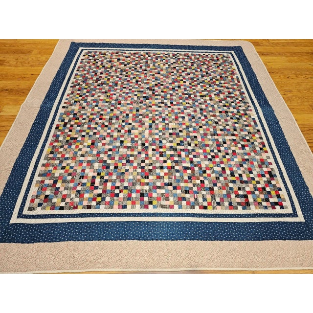 Vintage Hand Stitched and Hand Quilted Postage Stamp Quilt in Blue, Ivory, Red For Sale In Chicago - Image 6 of 12