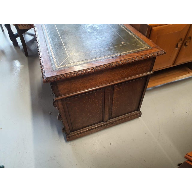 Antique Carved Oak Desk with Lion Handles, 1890s For Sale - Image 4 of 13