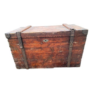 Early 19th Century German Blanket Storage Trunk Dovetail Joints Hand Hewn Boards & Bands Primitive Rustic German Pine For Sale