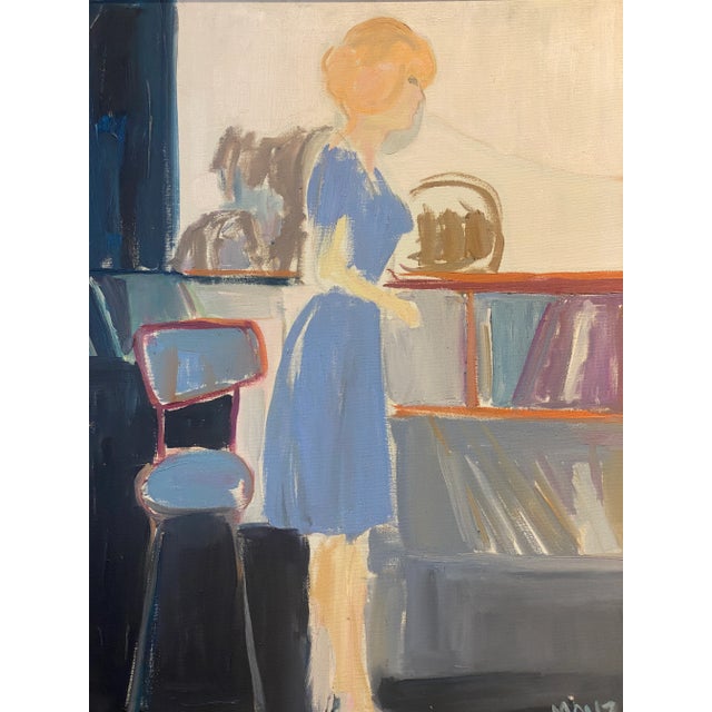 1960s Vintage Oil Painting of Girl in Blue by Molly Schiff, Framed For Sale - Image 4 of 4