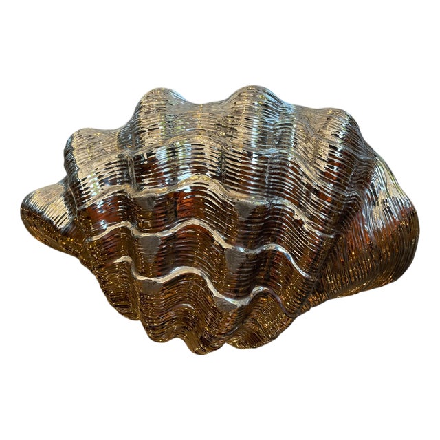 White and Gold Glazed Ceramic Shell, 1970s For Sale