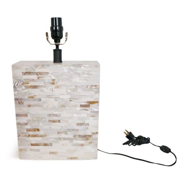 Beautiful hand crafted white mother of pearl lamp base from India. Modern brick design. Includes plug with hand switch....