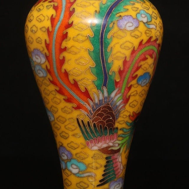 Metal Late 20th Century Pair of Yellow Cloisonné Enamel Dragon and Phoenix Vases For Sale - Image 7 of 9