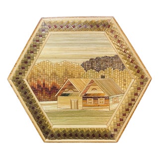 1990s Russian Straw Marquetry Hexagonal Keepsake Box With Rural Lands For Sale