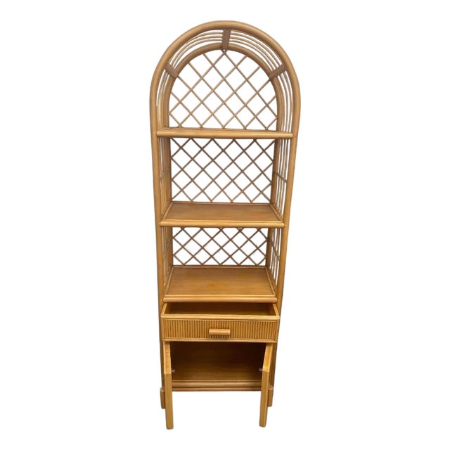 Vintage Rattan Arch Top Étagère/Display Cabinet With Drawer and Storage For Sale