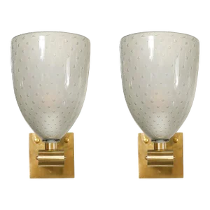Modernist Brass Sconces With Hand Blown Murano Smoked Glass With Murines