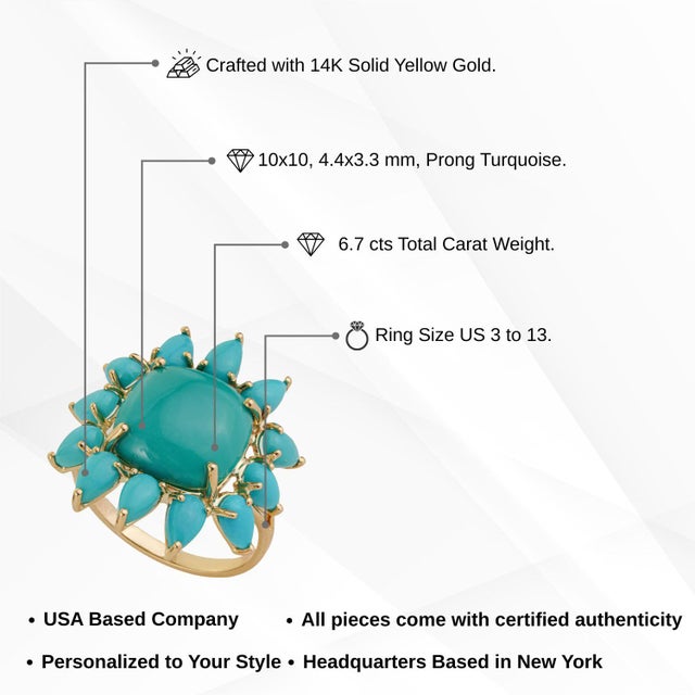 6.7ct Turquoise Sunburst Art Deco Vintage Ring in 14k Yellow Gold Size 5 For Sale - Image 12 of 16