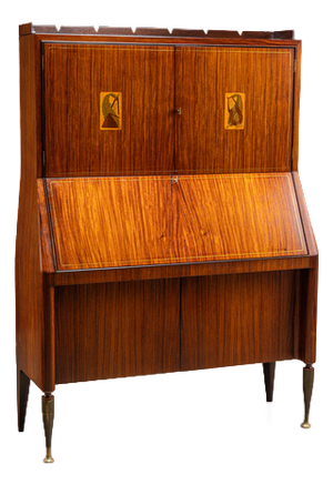 Vintage Drop-Leaf Cabinet in Exotic Wood and Brass, 1950s