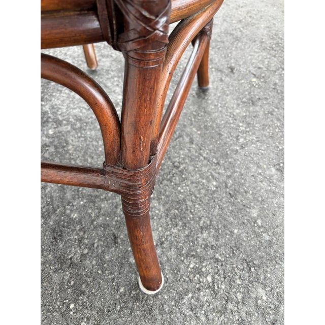 John and Elinor McGuire David Francis Attributed, Rattan Dining Set With Coveted “Spider Back” Coastal Design. Leather Bindings, Quality Construction and Coral Damask Fabric. For Sale - Image 4 of 8