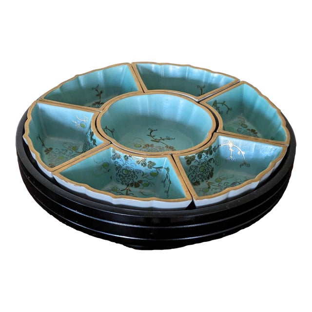 Vintage Kutani Lazy Susan Set: 7 Hand-Painted Porcelain Pieces & Black Lacquered Base For Sale