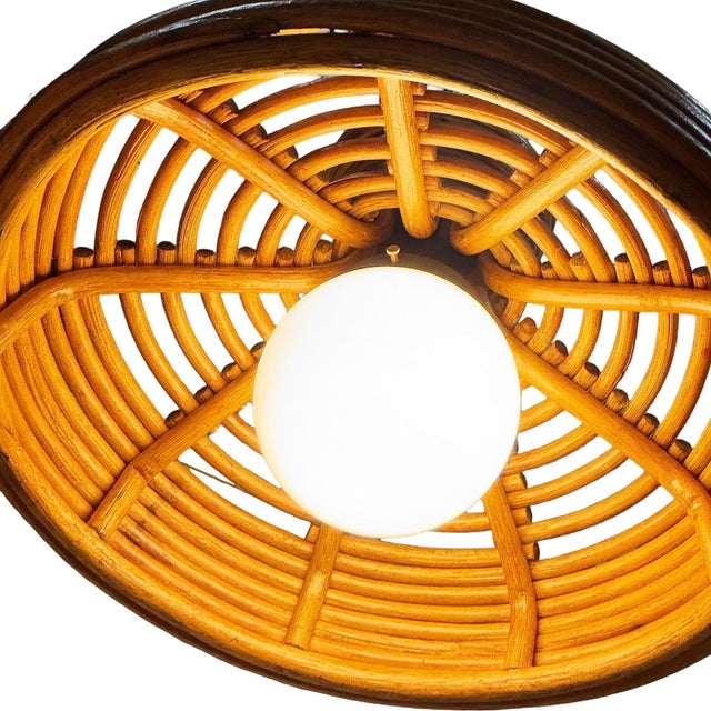 1960s Restored Mid-Century Hanging Rattan Ceiling Lamp Chandiler W/ Center Globe For Sale - Image 9 of 9