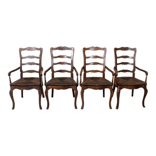 Early 1900s Solid Oak French Country Ladder Back Rush Seat Dining Arm Chairs, Set of 4 For Sale