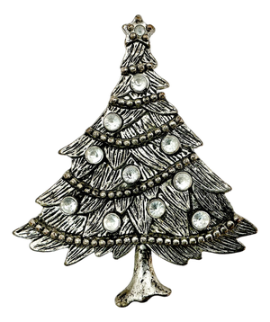 1980s Vintage Americana Boho Chic Burnished Silver Tone Bejeweled Christmas Tree Brooch.