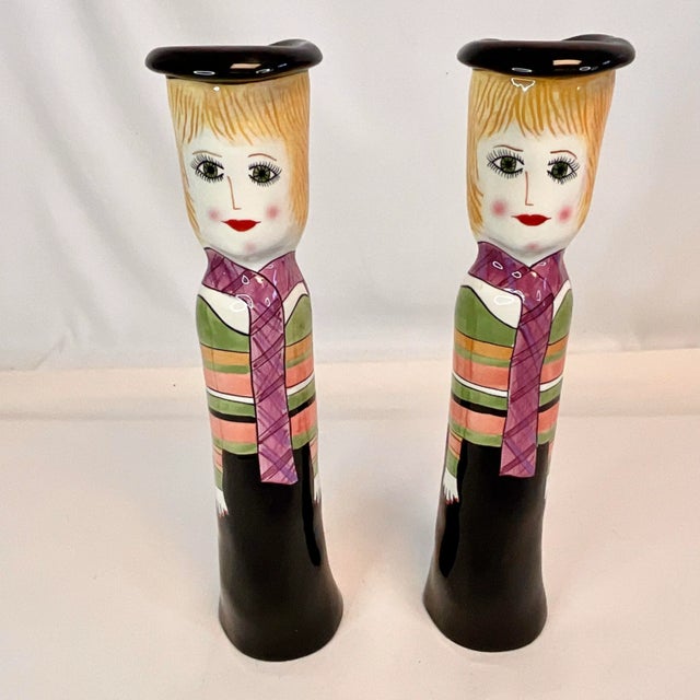 Casa Bella 1990s Vintage Boho Chic French Hand Painted Women Candle Holders - A Pair For Sale - Image 4 of 8