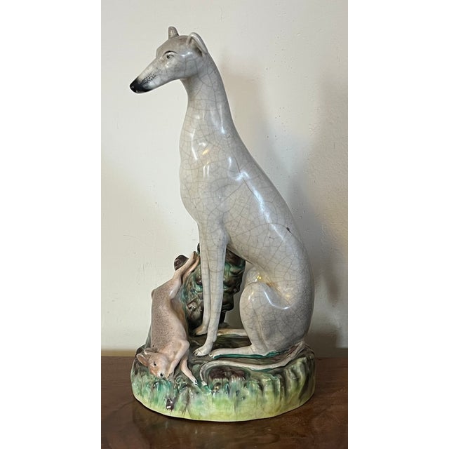Very Large Antique 19th Century English Staffordshire Pottery Dog Figure of a Greyhound or Whippet and Hare or Rabbit For Sale - Image 14 of 16